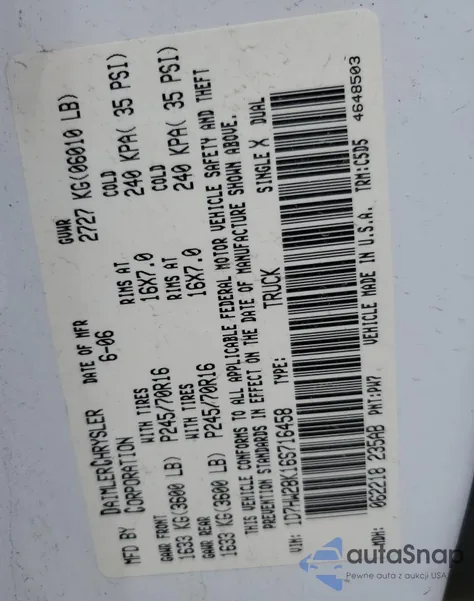 2006 Dodge Dakota Quad z USA, uszkodzony, nr VIN 1D7HW28K16S716458